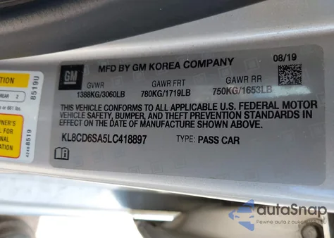 2020 Chevrolet Spark Fwd 1Lt Automatic из США, поврежденный, VIN KL8CD6SA5LC418897